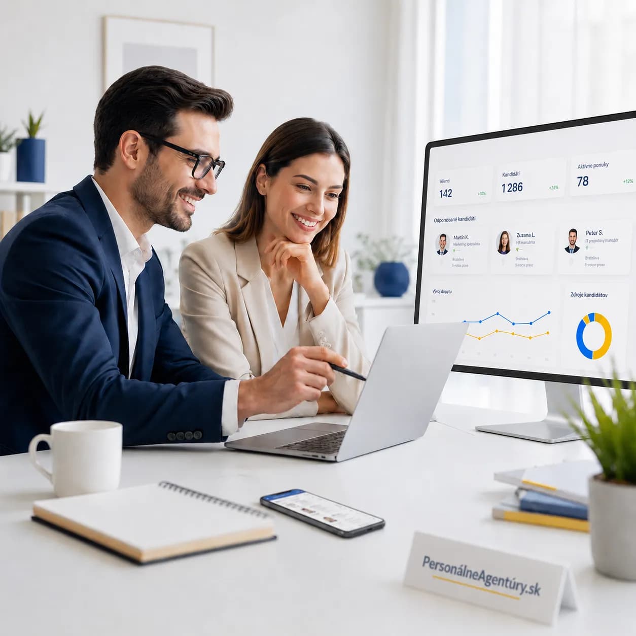Dvaja profesionáli v kancelárii pri analýze online prezentácie personálnej agentúry